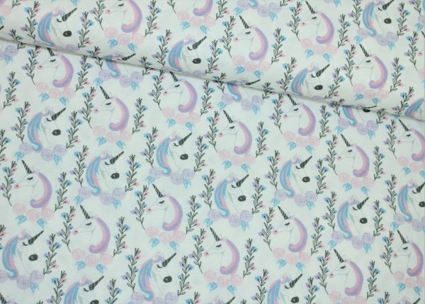 Baumwolle Webware Camelot Fabrics ENCHANTMENT Elegant Unicorns white